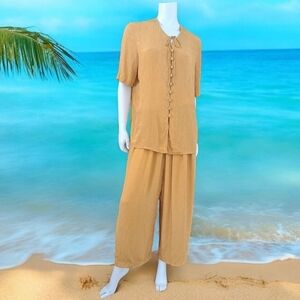 Vintage Louben Women's Tan Top Blouse & Pants Short Sleeve 2 Pieces Wide Legs